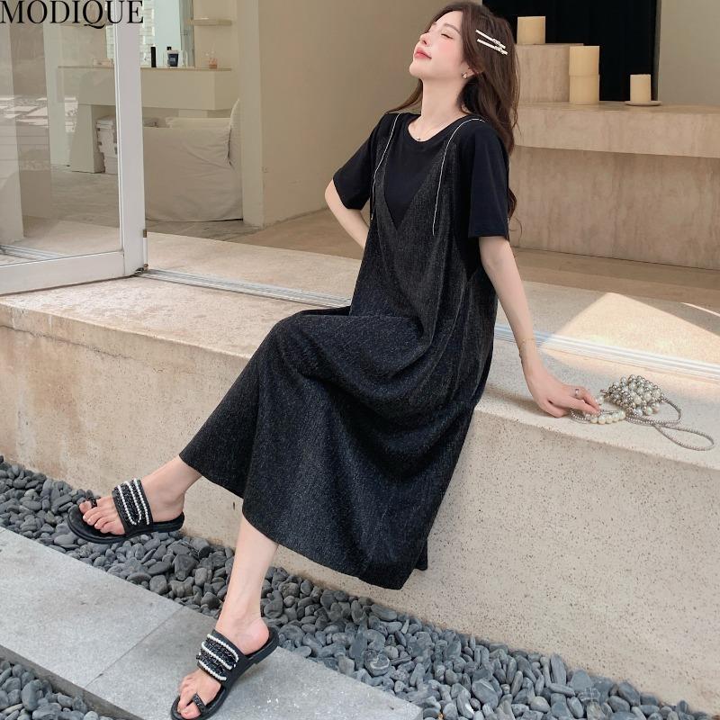 MODIQUE Лето Плюс Размер Новое Женское Свободное Элегантное Черное Золото Quicksand Fine Flash Silver Шелковое Вертикальное Длинное Платье Женские Платья С Коротким Рукавом и О-Образным Вырезом