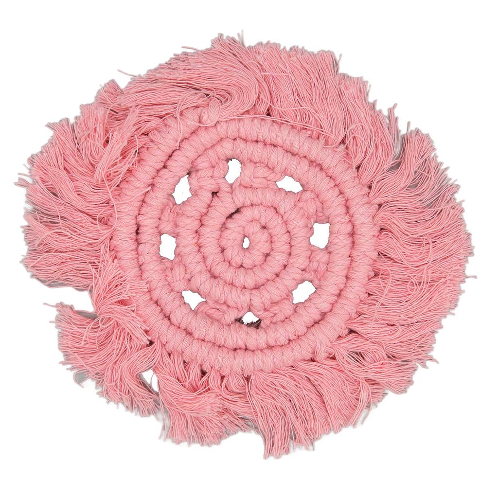 4pcs Cotton Thread Woven Drink Coasters with Tassel Round Pure Color Elegant   Lipstick Pot Pads Mats