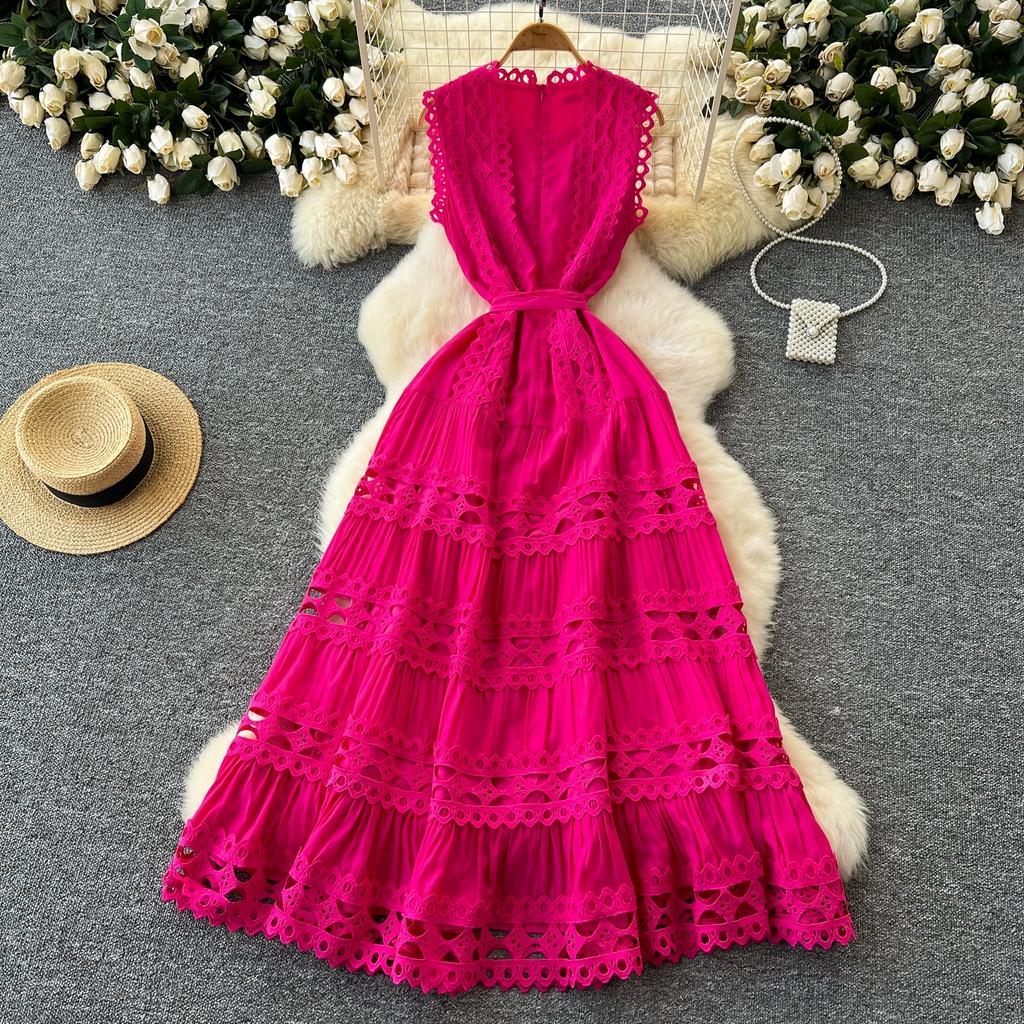 Summer Elegant Lace Spliced Embroidery Long Maxi Holiday Robe Women's Sleeveless Tank Wedding Party Dressess