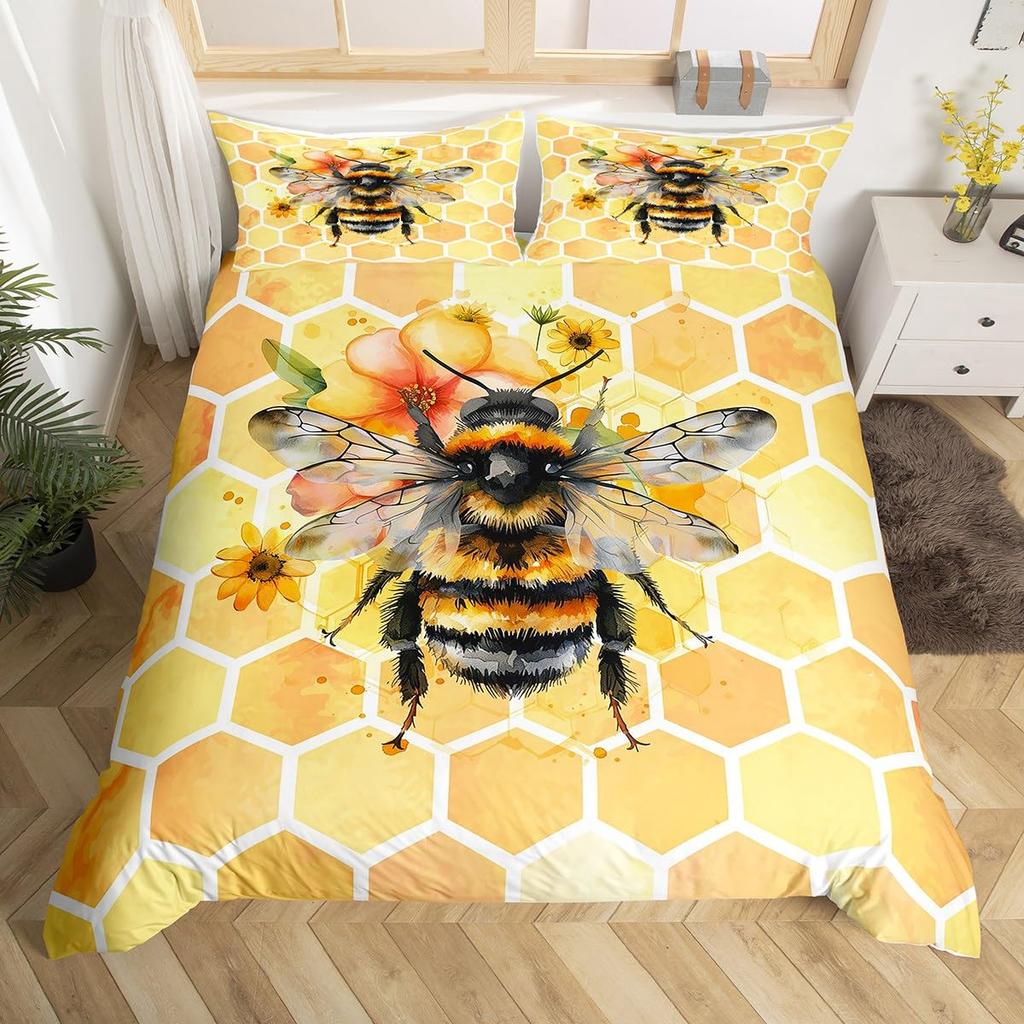 Bee Duvet Cover Twin Honeybee Bedding Set Farmhouse Wild Animal Comforter Cover Boho White Daisy Flowers Floral Wreath Bed Set