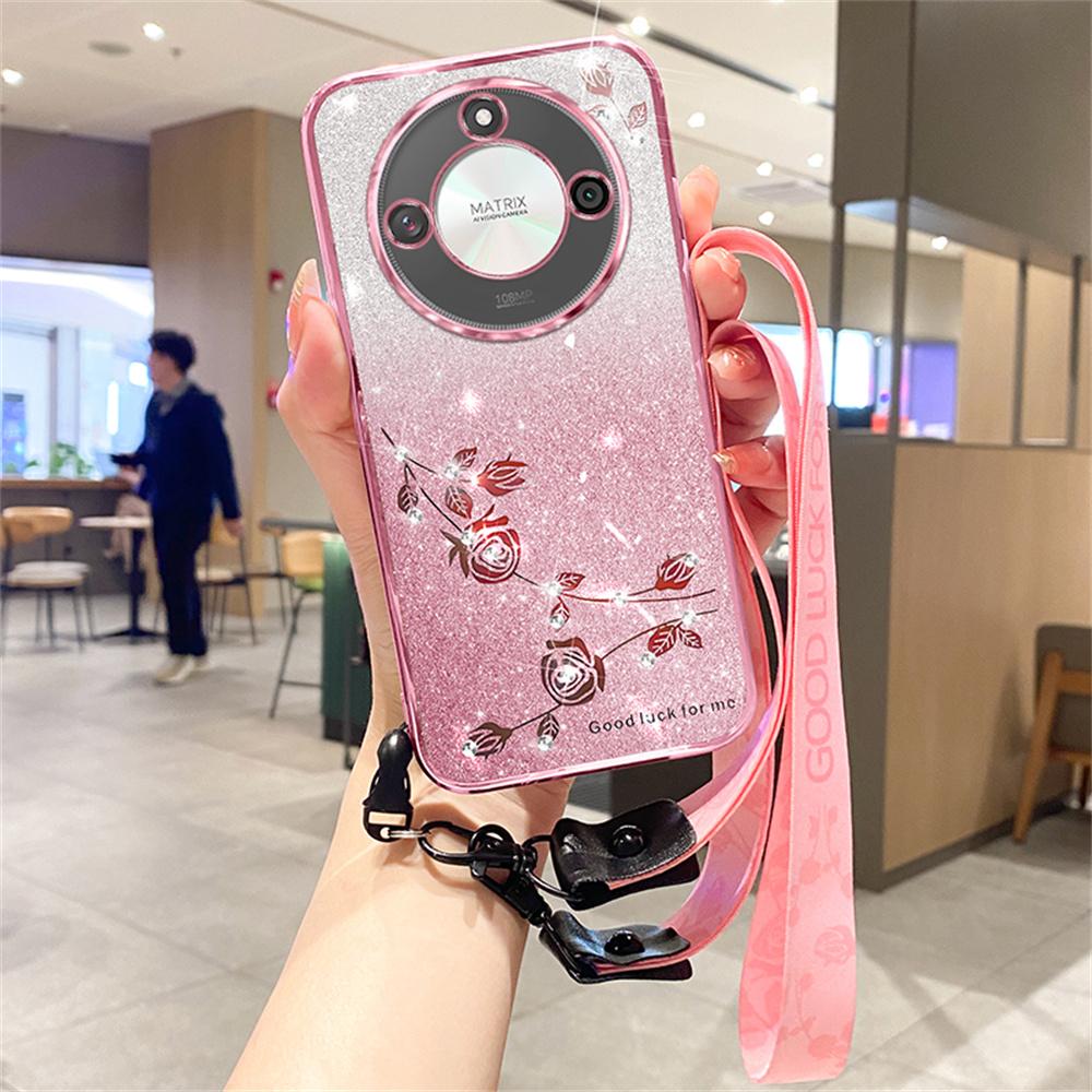 For Honor X60 5G Case Flower Pattern TPU Gradient Phone Cover with Lanyards