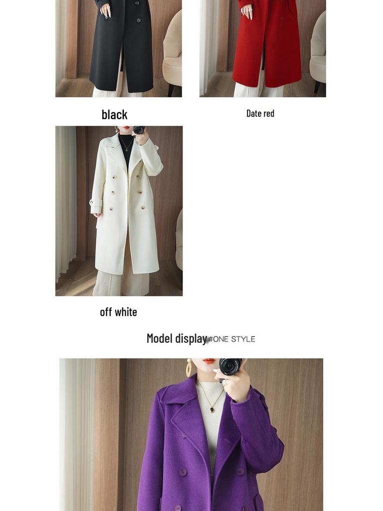 2025 A/W Women's Slimming Double-Faced Cashmere Coat - Korean Style Double-Breasted Wool Overcoat with Suit Collar