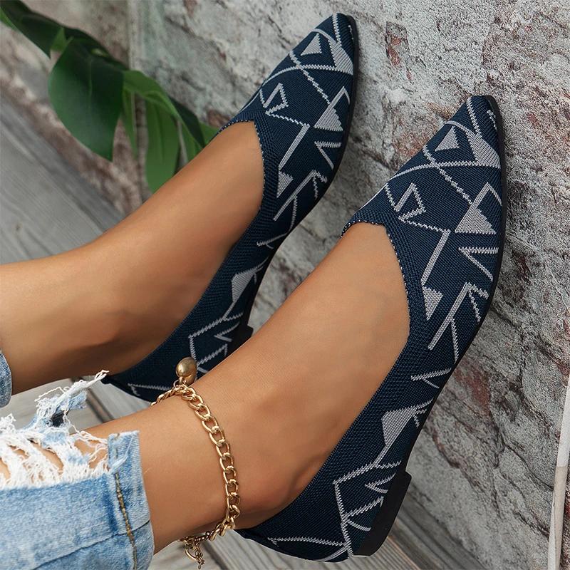 Женские туфли с острым носком леопардового цвета, вязаные босоножки на плоской подошве, повседневные сандалии 2024 года, модные новые туфли на осень, удобные трендовые женские туфли