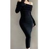 Весеннее новое черное сексуальное платье с открытым плечом, вязаное, нишевое, облегающее, с запахом на бедрах, высококлассное