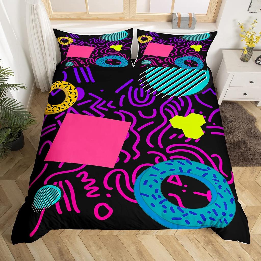 Blue Pink Memphis Bedding Set Colorful Abstract Duvet Cover Hippie Hip Hop Comforter Cover Geometric Vintage Fashion Quilt Cover