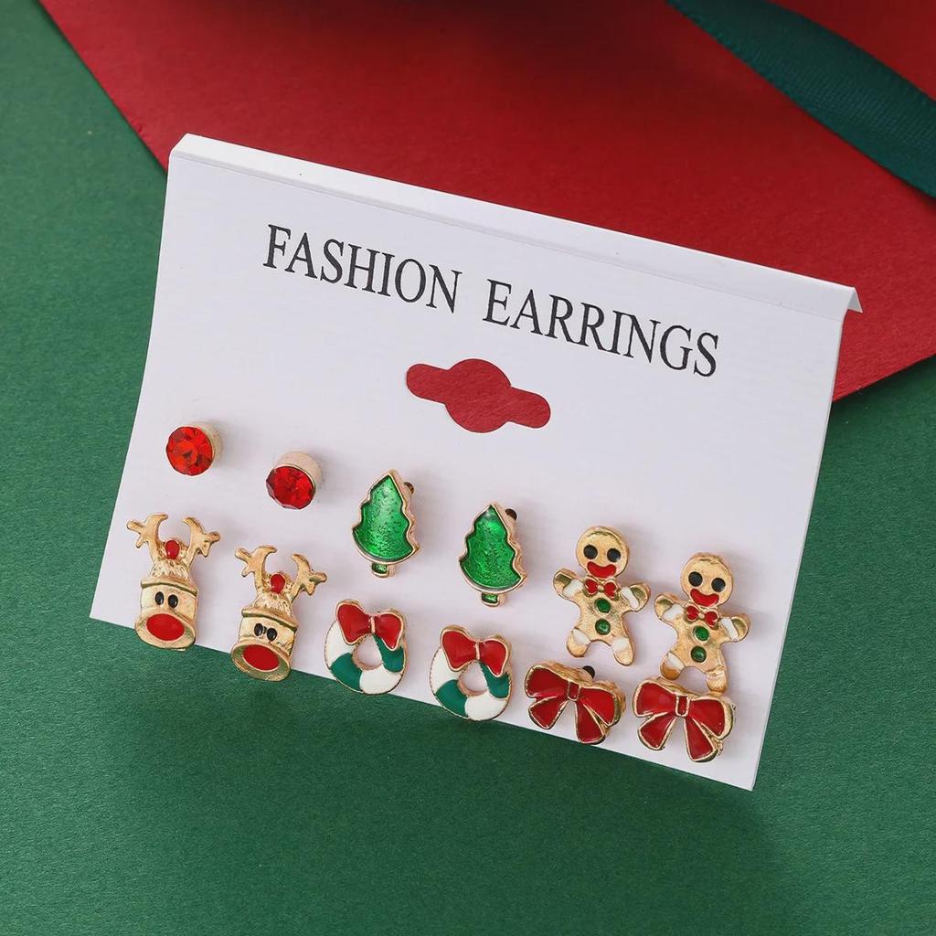 6-Piece Christmas Earrings Set: Creative Bow, Elk, and Christmas Tree Designs