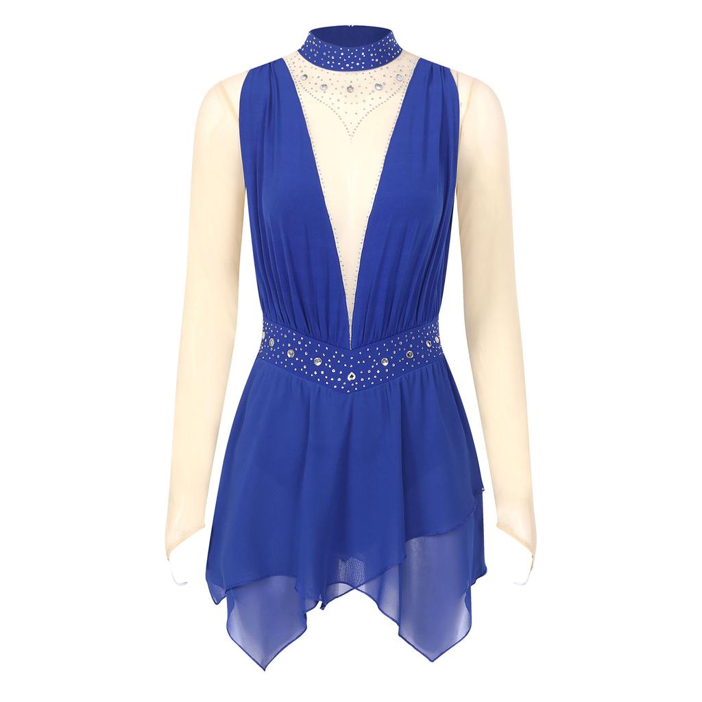 Шифоновое платье с длинными рукавами для фигурного катания, костюм для выступлений с воротником-стойкой, тюлевая юбка, купальник, современная танцевальная одежда