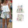 Spring New Arrival Casual Two-Piece Suit Sling Small Tank Top Top High Waist Wide Leg A- Line Plant Print Shorts