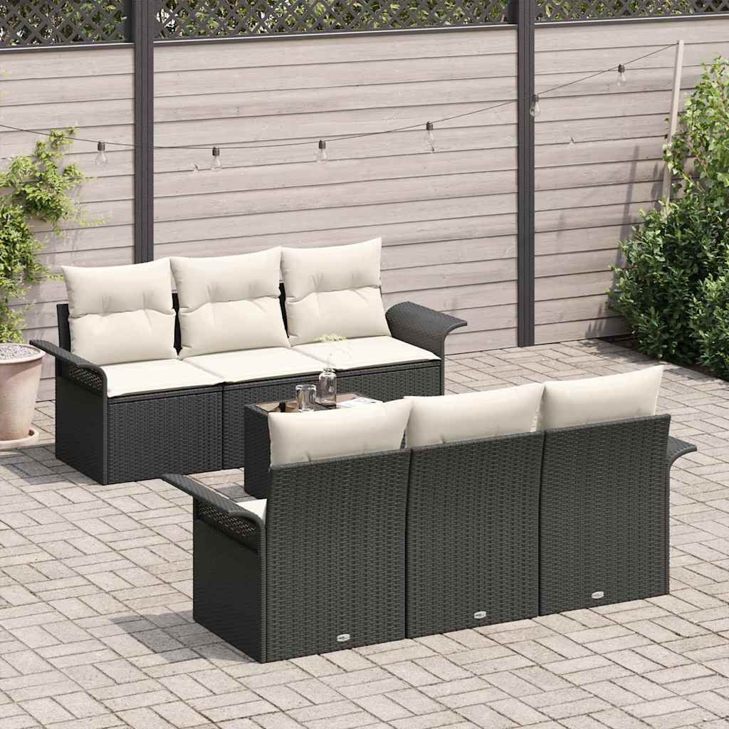 7 Piece Garden Sofa Set with Cushions Black and Cream Poly Rattan