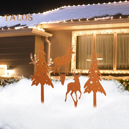 4Pcs/Set Christmas Tree Garden Stake Weather-proof Heavy Duty Outdoor Patio Yard Lawn Metal Elk Silhouette Sign Spike Stick Decoration Ornament