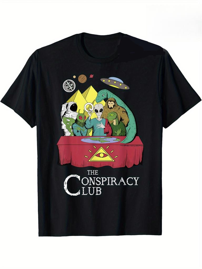 Conspiracy Club T-shirt - Soft casual style with patterns of UFO, alien, and pyramid. Regular style, short sleeved round neck