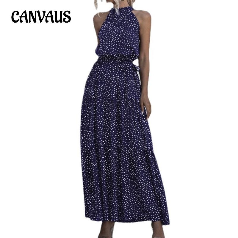 Summer Women's Dress Polka Dot Printed Long Dress Hanging Neck Tie Dresses