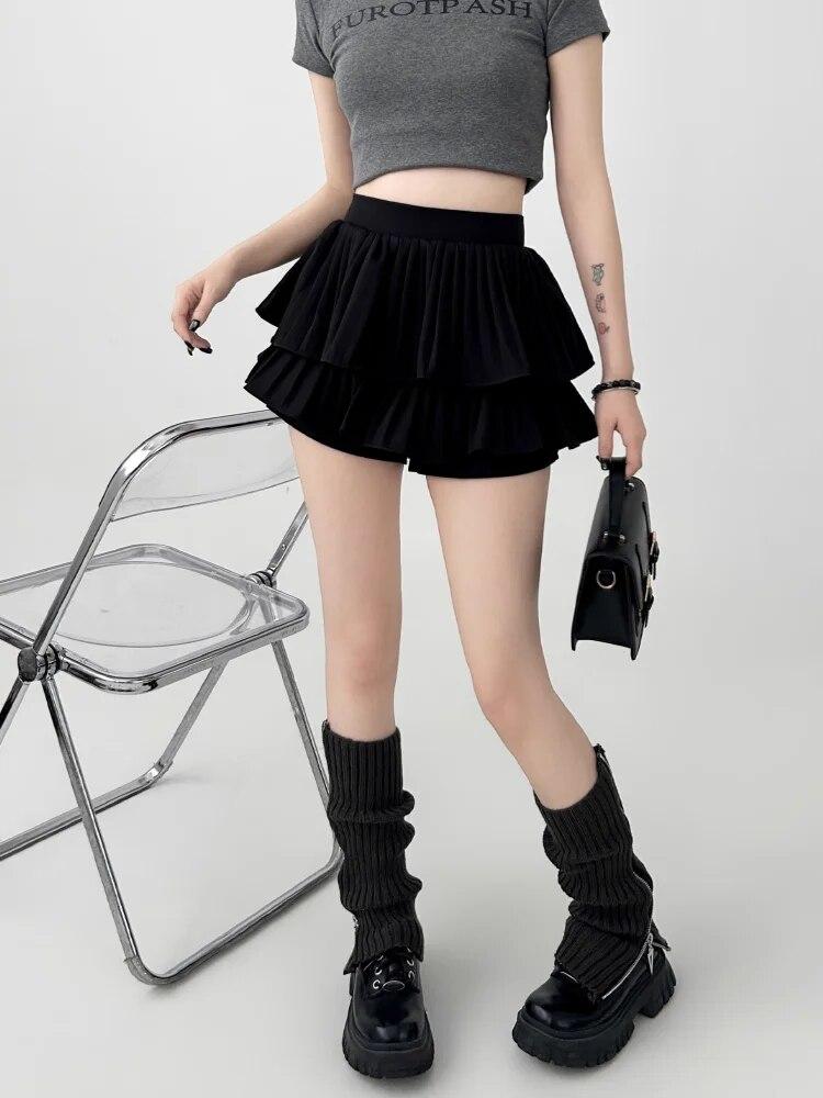 Kawaii Mini Skirt Women High Waist Ruffled Pleated Tulle Cake Slim Skirt Shorts Female Korean White Lolita Skirt Large Size