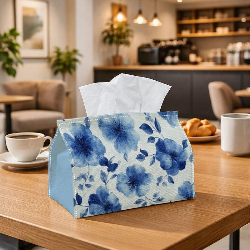 1pc Botanical Watercolor Tissue Box Cover with Reinforced Edges And Washable End - Elegant Blue Fabric Dispenser Suitable for Home, Office, Car, Party