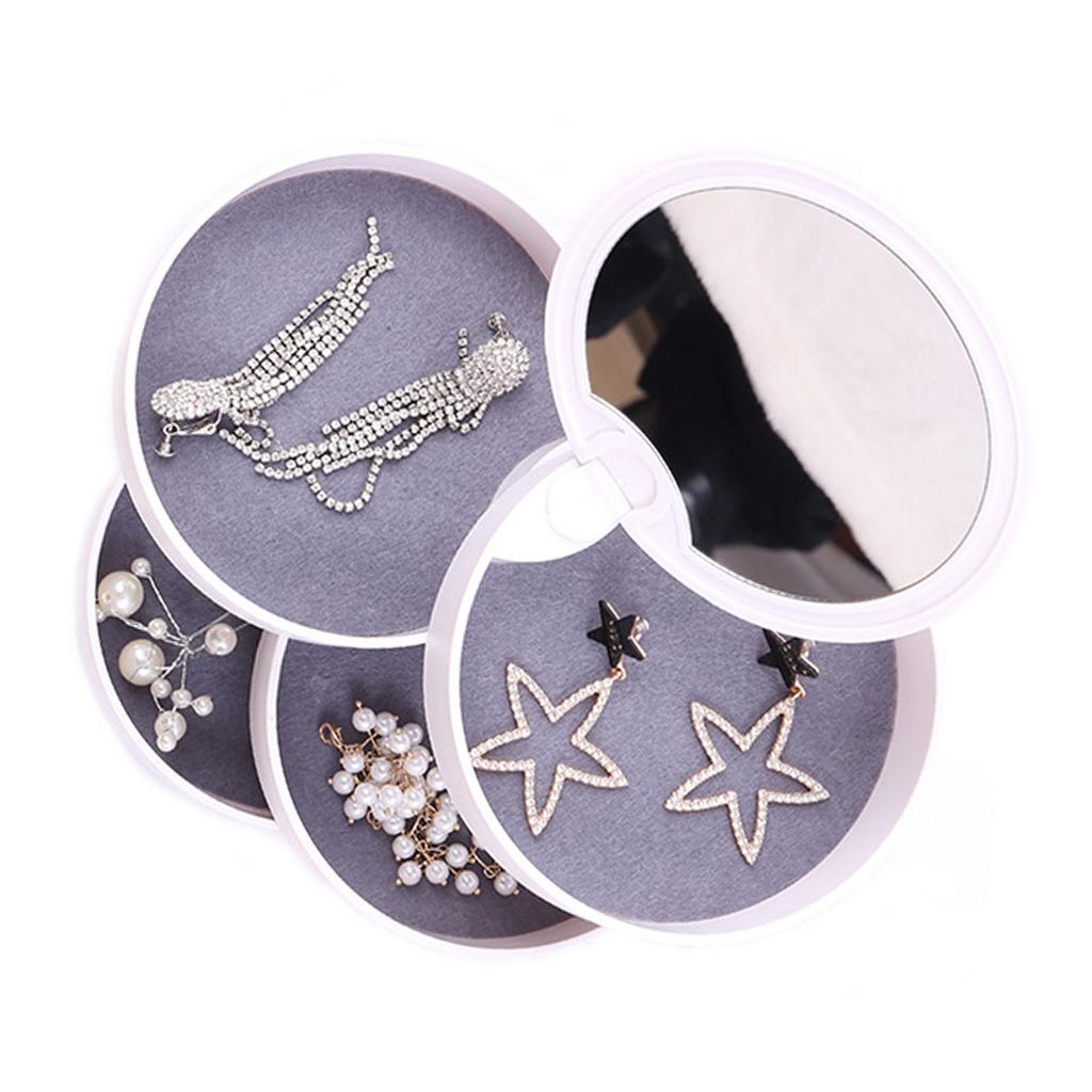 Portable Jewelry Box Travel Jewel Case 4 Layer Rotating Earring Storage Organizer with Mirror White
