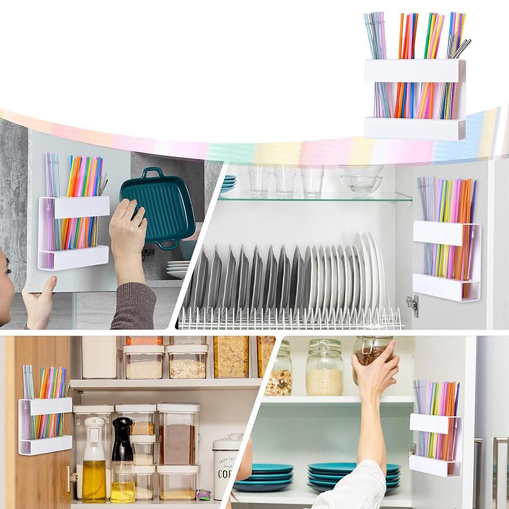 Large Acrylic Straw Holder For Cabinets With Adhesive Backing, Reusable Glass Straw Storage Box For Kitchen Counter Cabinet Doors