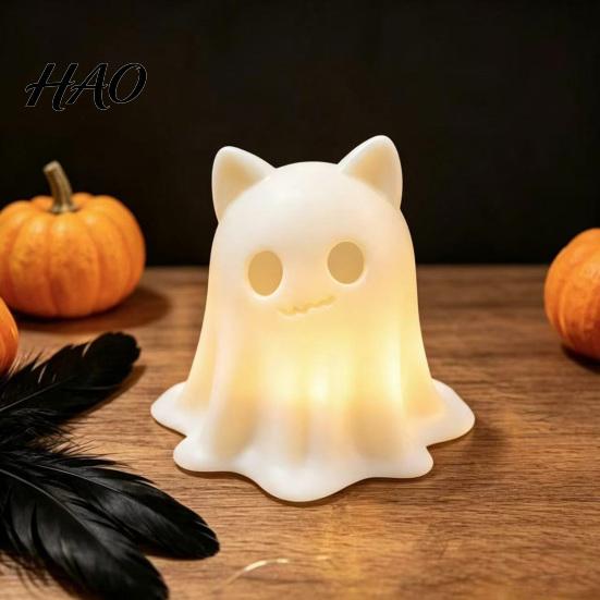 Spooky Halloween Home Decor 3D Printed Ghost Cat Candle Holder, Figurine Gift for Lovers with Warm Light Tabletop Party Decoration Small Prop
