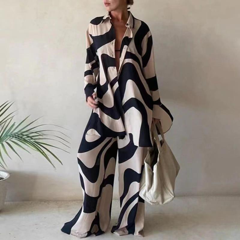 2022 Women's Fashion Print Set: Loose Long-Sleeve Shirt + Straight-Leg Pants