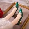 Flowers Pointed Toe Pumps for Women's 2024 New Green Silk Low Heels Shoes Woman Slip On Thin Heeled Lady Shoes Green Party Shoes