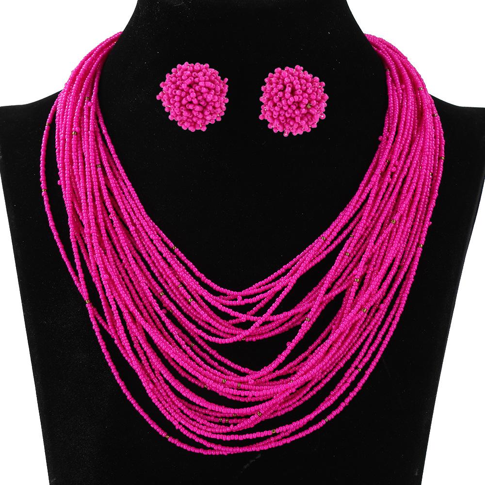 Богемный Многослойный Набор Серьги-Ожерелье из Рисового Бисера Ретро Этнический Стиль Цепочка на Свитер Женские Многослойные Украшения