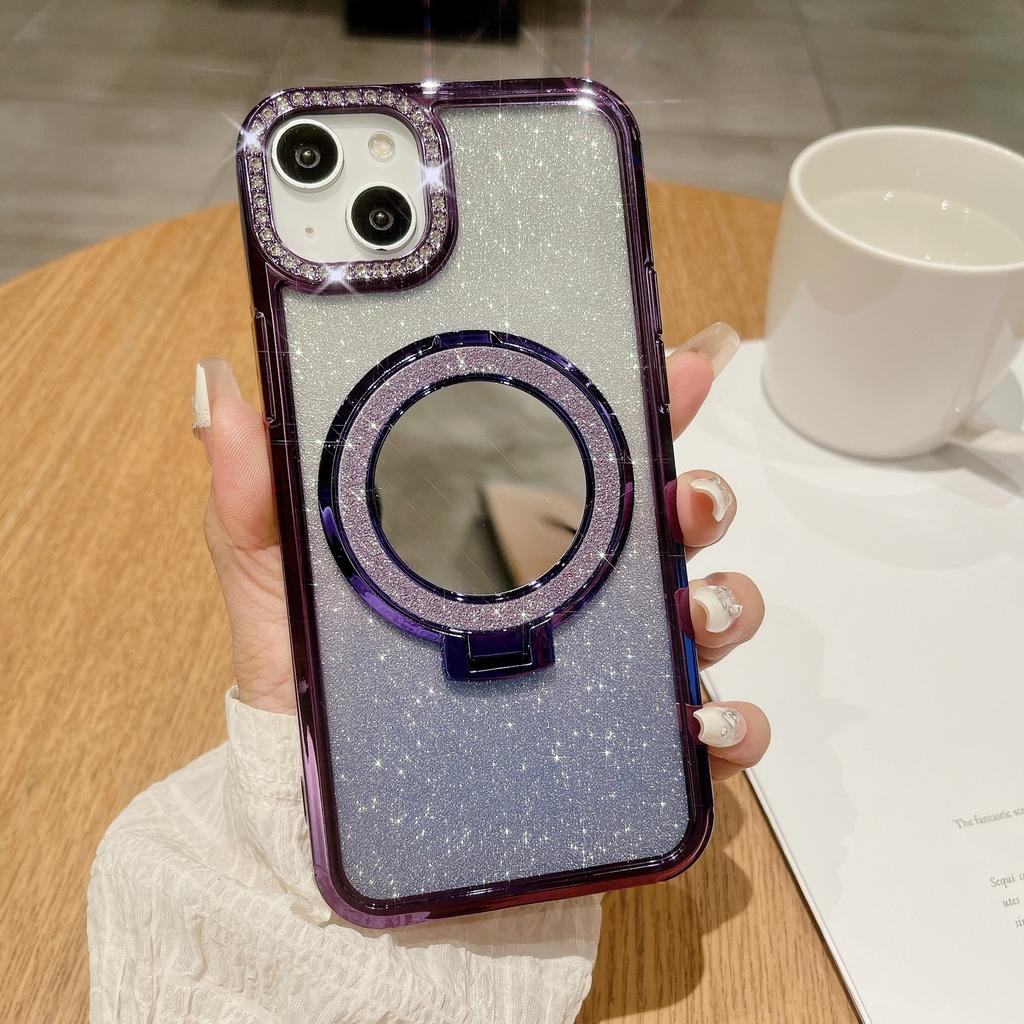 Подходит для iPhone15promax Зеркальная магнитная подставка, Чехол для телефона, Вспышка для объектива iPhone 14, 13 Градиентный глиттер