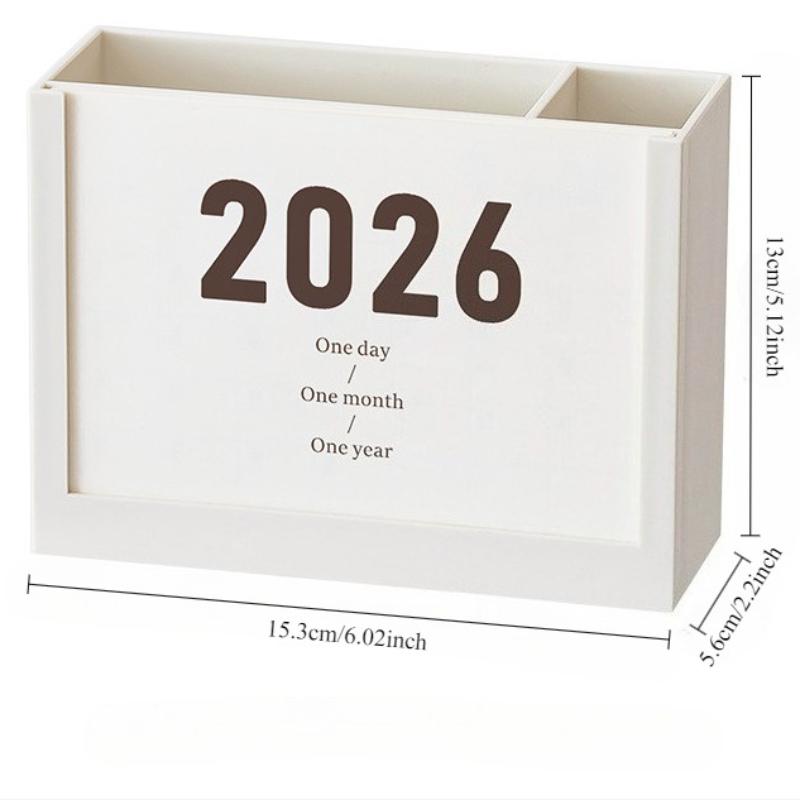 2025 & 2026 Productivity Calendar Stand Multifunctional Desk Organizer with Storage Box Cute Pen Holder for Home Office Decor