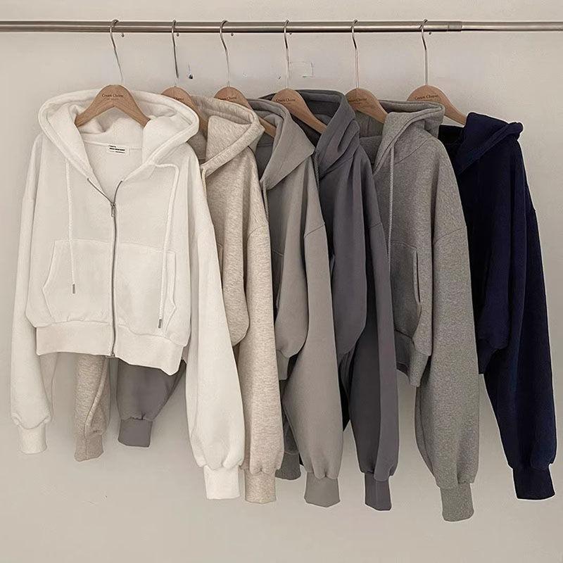 6 Colors Solid Zip Up Drawstring Hoodie, Casual Long Sleeve Sweatshirt with Pocket, Women's Clothing