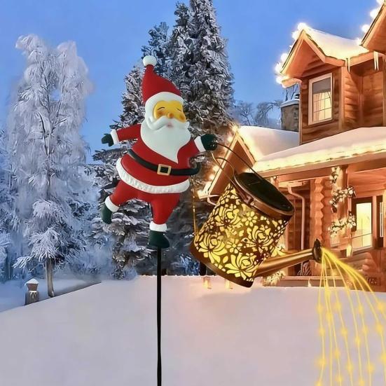 Christmas Santa Solar Kettle Lights Garden Lawn Decorative Lights Waterproof Watering Can String Light Metal Santa Claus Ground Lamp