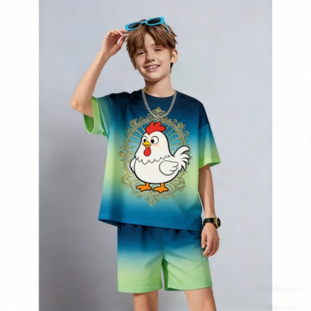 Kids Set Fashion Cartoon Chicken Printed Kids T-shirt and Shorts 2 Piece Set Summer Casual Outdoor Boys and Girls Outfit Kids Clothing