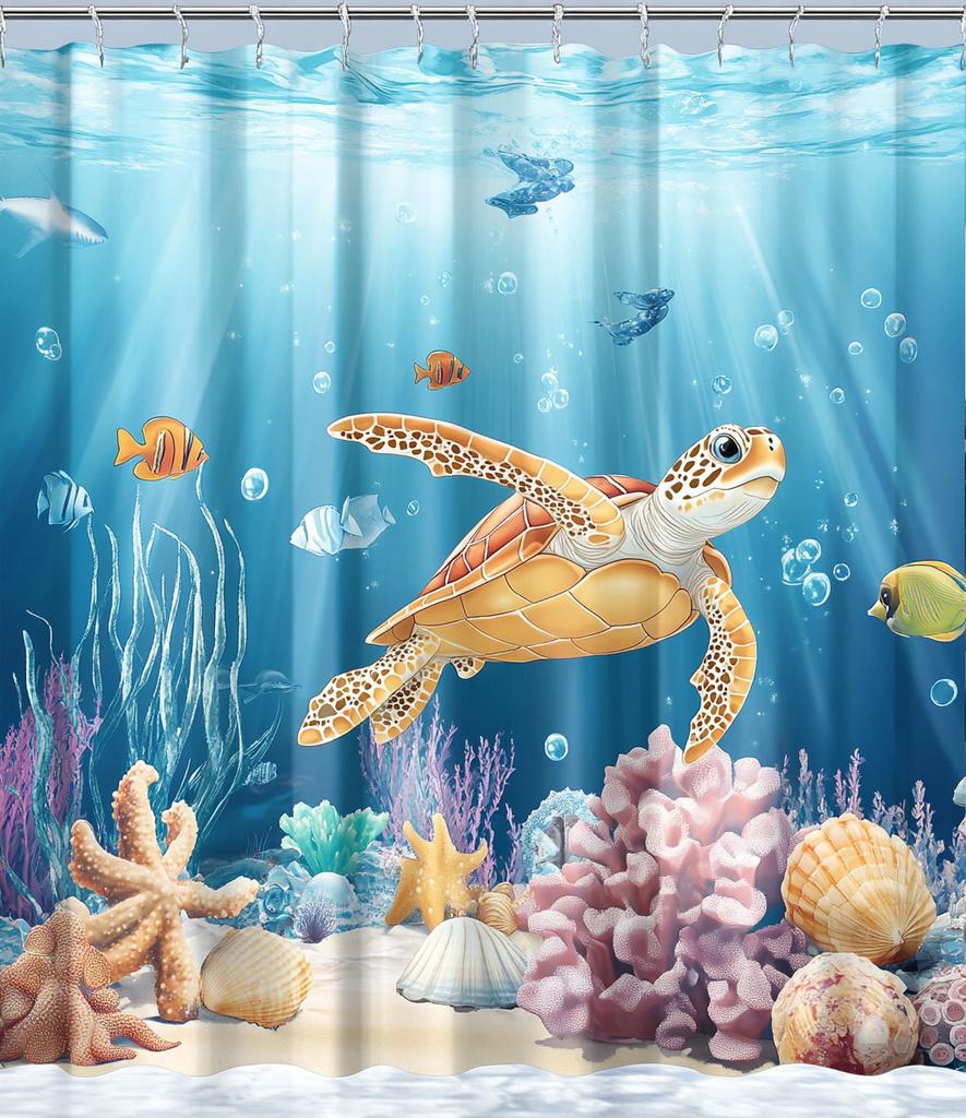 Underwater World Dolphin Turtle Shower Curtain,Ocean Animals Polyester Fabric Bathroom Curtains for Home Decoration Curtain