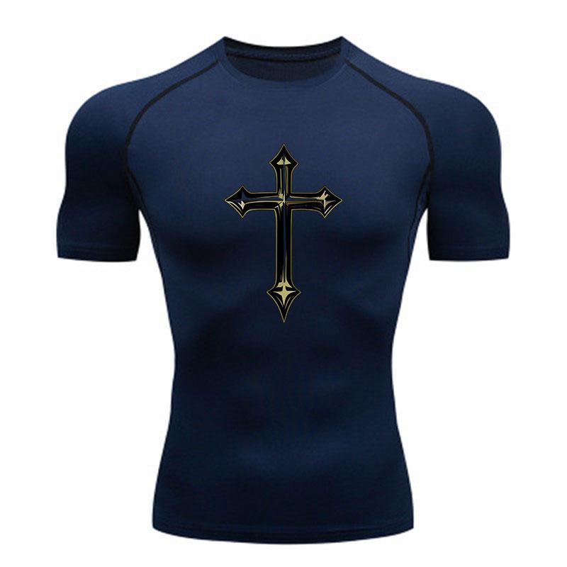 Men's Compression Athletic T-Shirt, Gothic Cross Print Quick