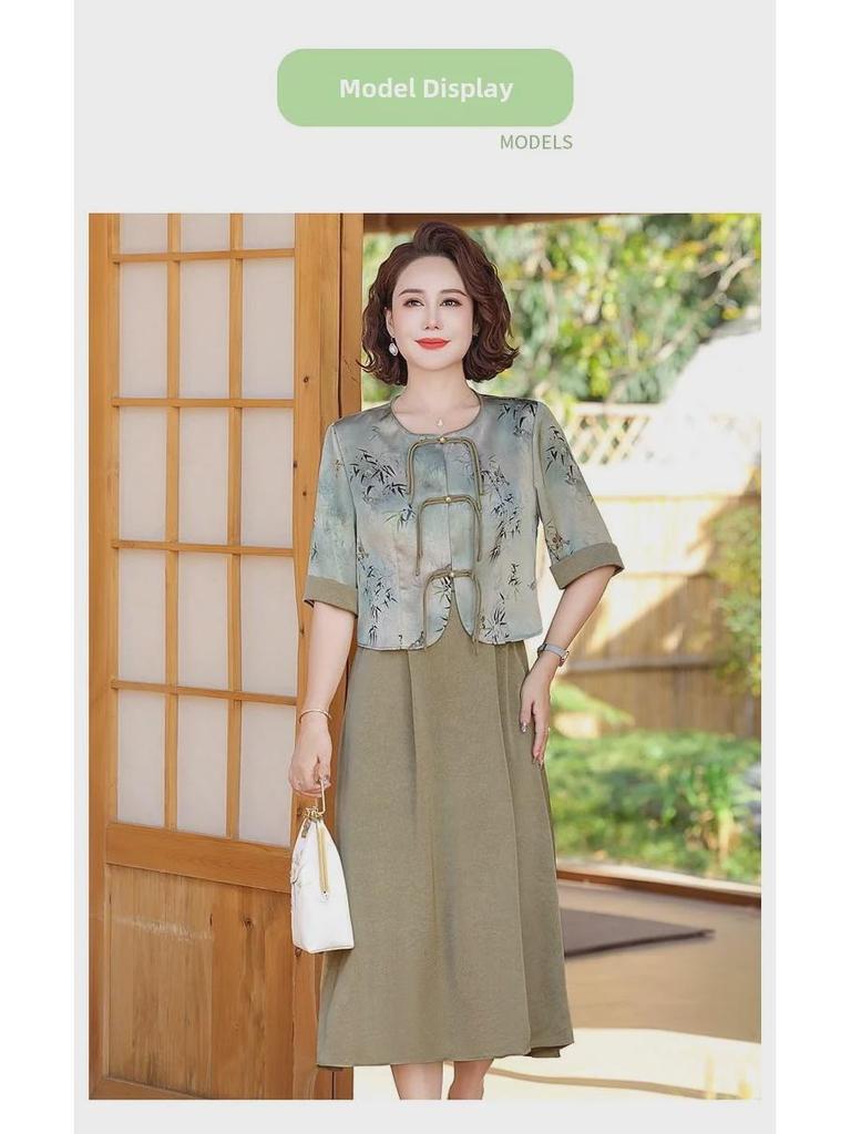 Летнее платье в стиле ретро в китайском стиле 2024 года: Элегантный костюм-двойка для женщин среднего и пожилого возраста