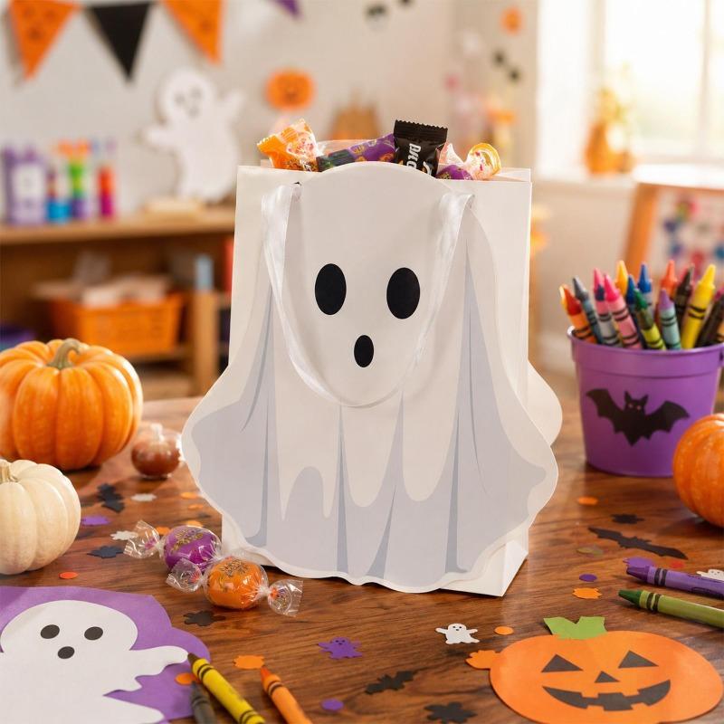 Halloween Ghost Candy Bags Trick or Treat Paper Gift Bag with Handle Kids Party Favors Packaging Storage Handbags Holiday Decor
