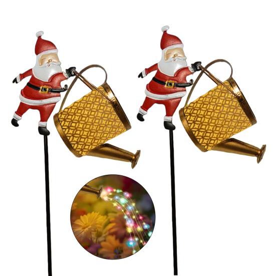 Christmas Santa Solar Kettle Lights Garden Lawn Decorative Lights Waterproof Watering Can String Light Metal Santa Claus Ground Lamp