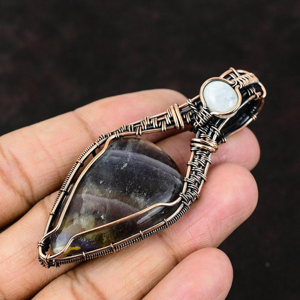 Подвеска из мультифлюорита, обернутая медной проволокой, Радужный лунный камень, Подвеска из драгоценного камня, Подвеска, обернутая медной проволокой, Украшения ручной работы, Подарок для нее