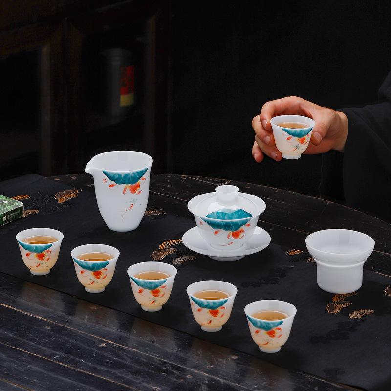 Dehua ice Jade Porcelain Hand-painted Lotus Kung Fu Tea Set Household High-end Teacup Complete Set Cover Bowl Gift Set