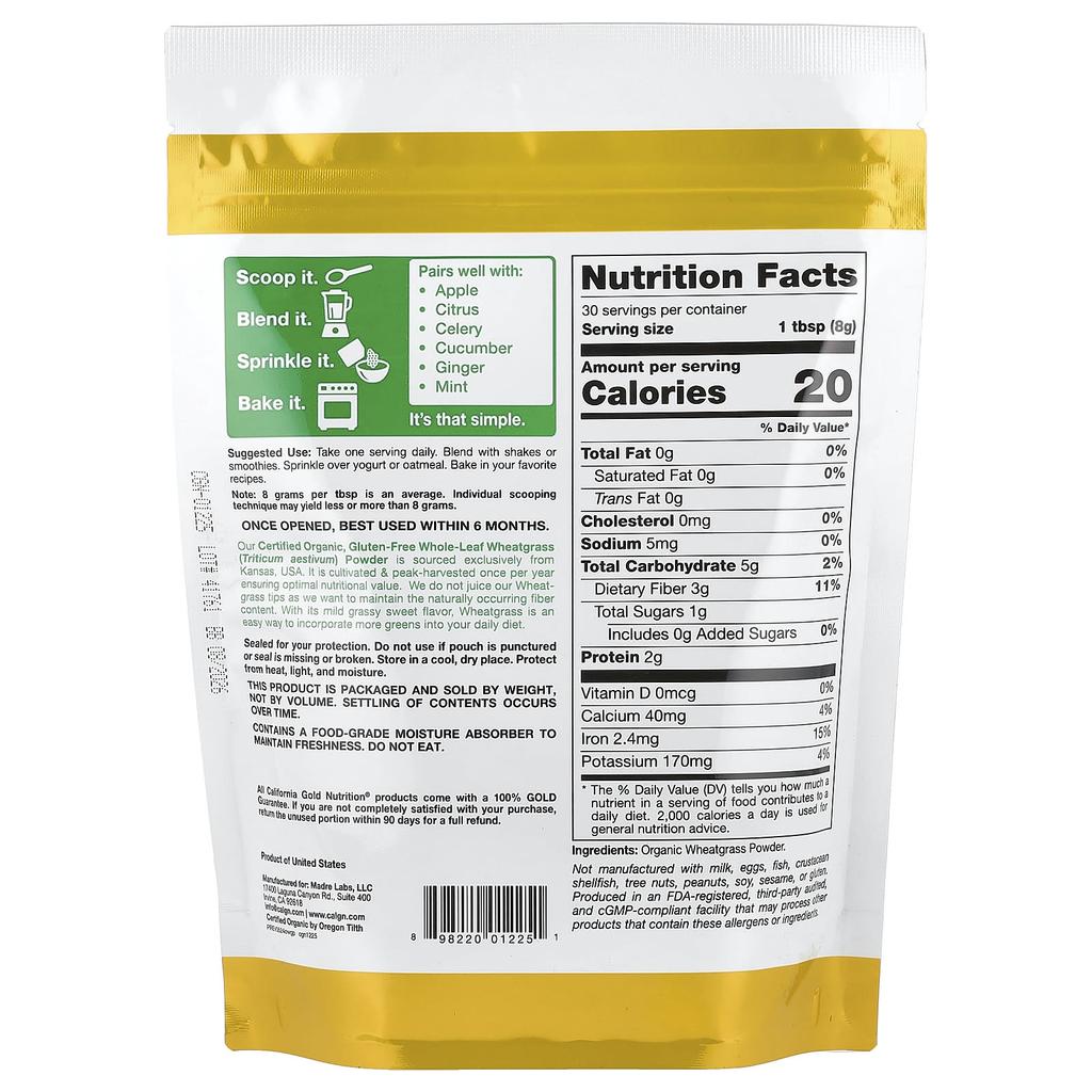 California Gold Nutrition, Superfoods, Organic Wheat Grass Powder, 8.5 oz (240 g)