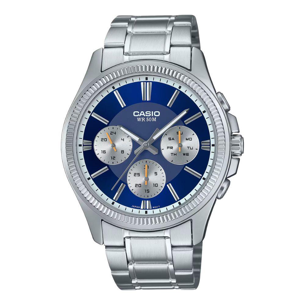 Casio Analog Blue Silver Stainless Steel Coming of and Entrance Men's Watch, Dial, Band, Classic, Multifunctional