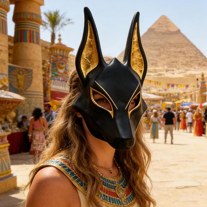 Egyptian Jackal Masque - Halloween Cosplay Props, Jackal Cosplay Masque, Hand Painted Faux Gold Masquerade Face Covering For Holiday Facial Covering