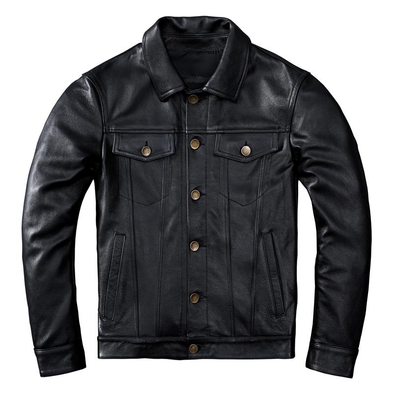 Spring Denim Genuine Leather Jacket Classic Slim Cowhide Button Coat Plus Size Mens Fashion Leather Clothing