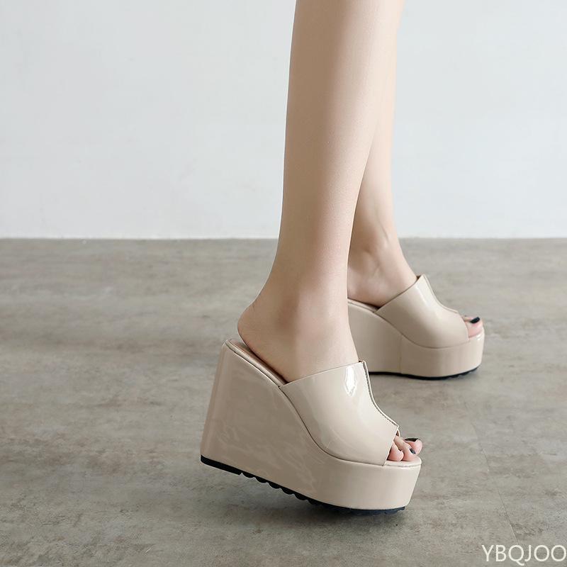 Летние лаконичные кожаные туфли на танкетке с открытым носком, сандалии, женские туфли на платформе и каблуке 12 см