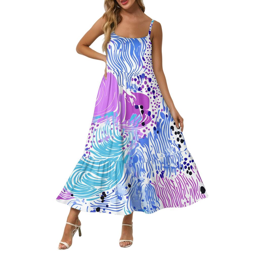 Women's Long Beach Casual Elegant Spaghetti Strap Maxi Dress Stitching Low-key Flowing Bohemian Dress