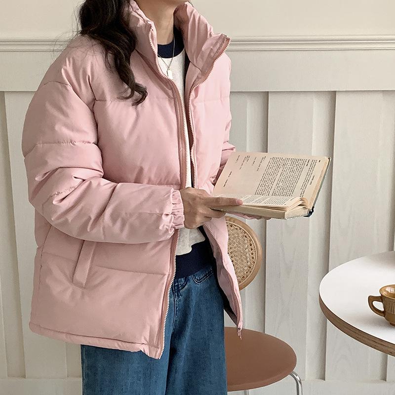 Women Short Medium Length Down Jacket Winter Warm Stand Collar Solid Color Casual Outerwear Coat
