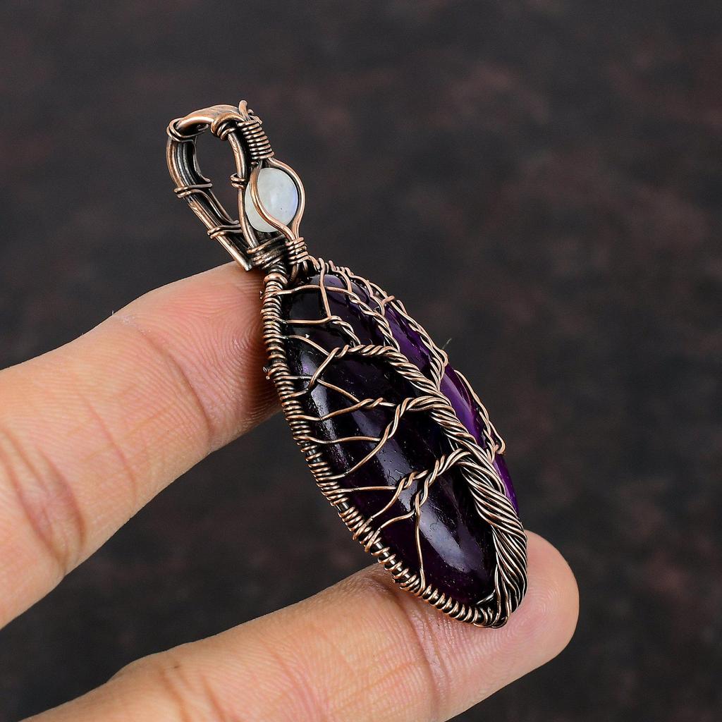 Кулон из фиолетового огненного лабрадорита «Дерево жизни», обернутый медной проволокой, драгоценный камень, медные украшения для подарка, кулон из радужного лунного камня ручной работы