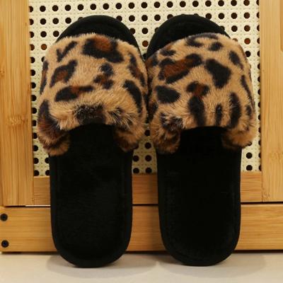 Хит продаж, модные леопардовые плюшевые тапочки на плоской подошве, женские удобные нескользящие хлопковые шлепанцы, теплые тапочки с открытым носком для дома и улицы