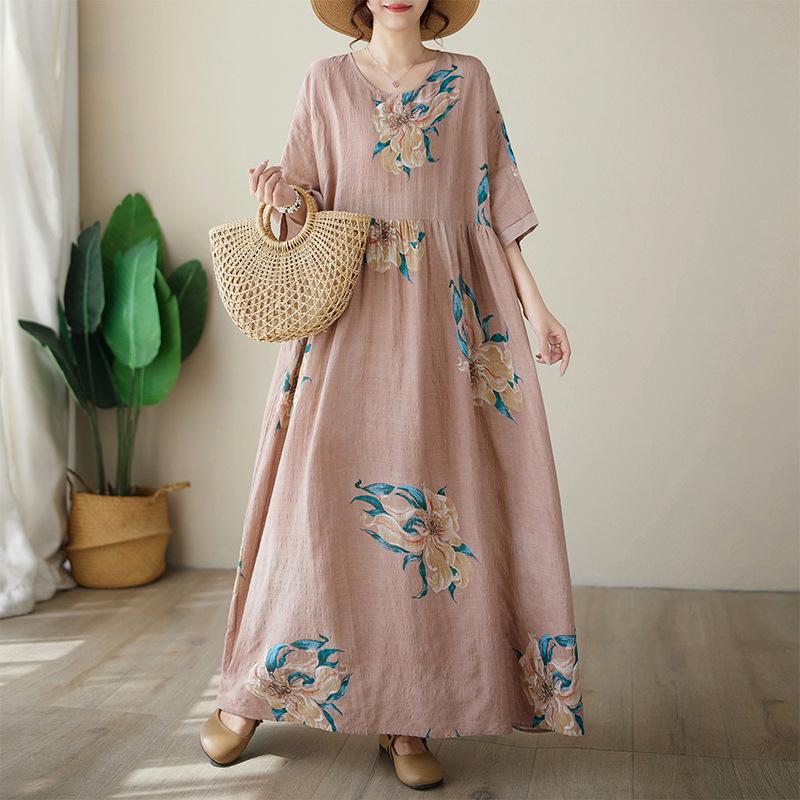 Летние тонкие хлопковые льняные платья с круглым вырезом и короткими рукавами, простое платье средней длины для женщин