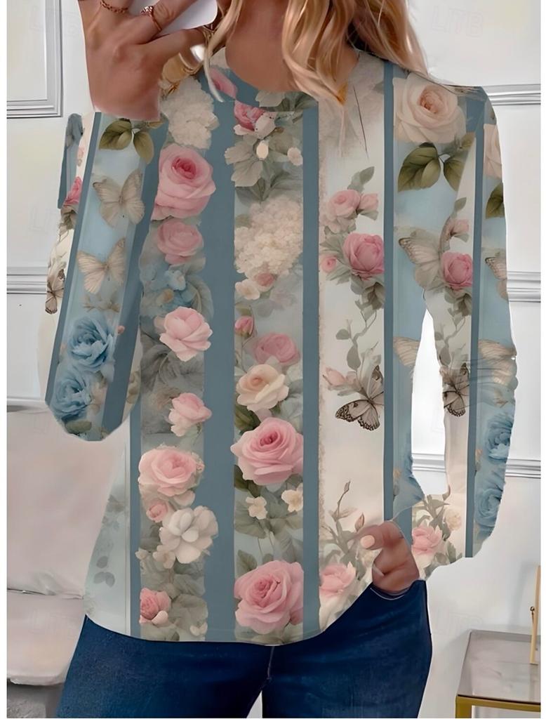 Модная женская футболка с круглым вырезом и длинным рукавом с винтажным цветочным принтом, повседневные топы, женская одежда, женская одежда в стиле Харадзюку, пуловер