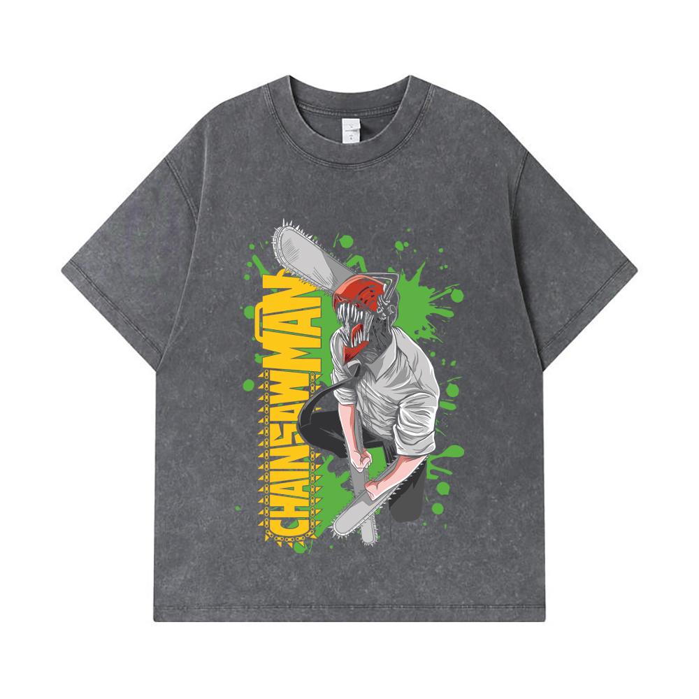 275 GSM Washed T-shirts 100% Cotton Chainsaw Man V22 Denji Print Unisex Heavy Cotton T Shirt