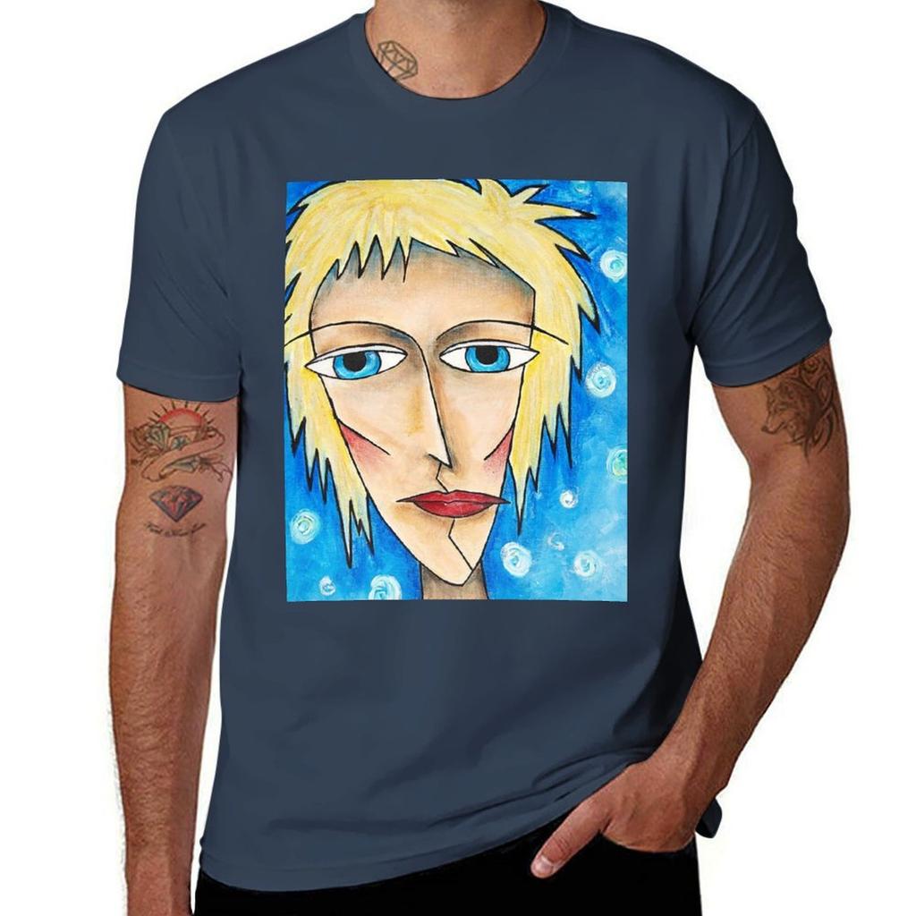Abstract Female Portrait Blue Harmony Tshirt Basic Plain Short Sleeve Crew Neck Tee