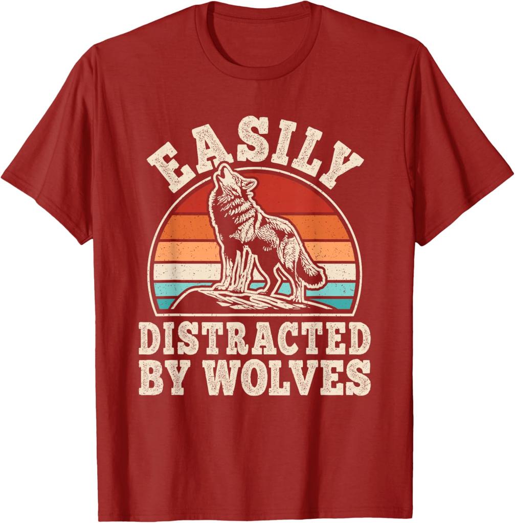 Easily Distracted By Wolves Retro Graphic T-Shirt Vintage Sunset Wolf Howling Print Casual Cotton Tee